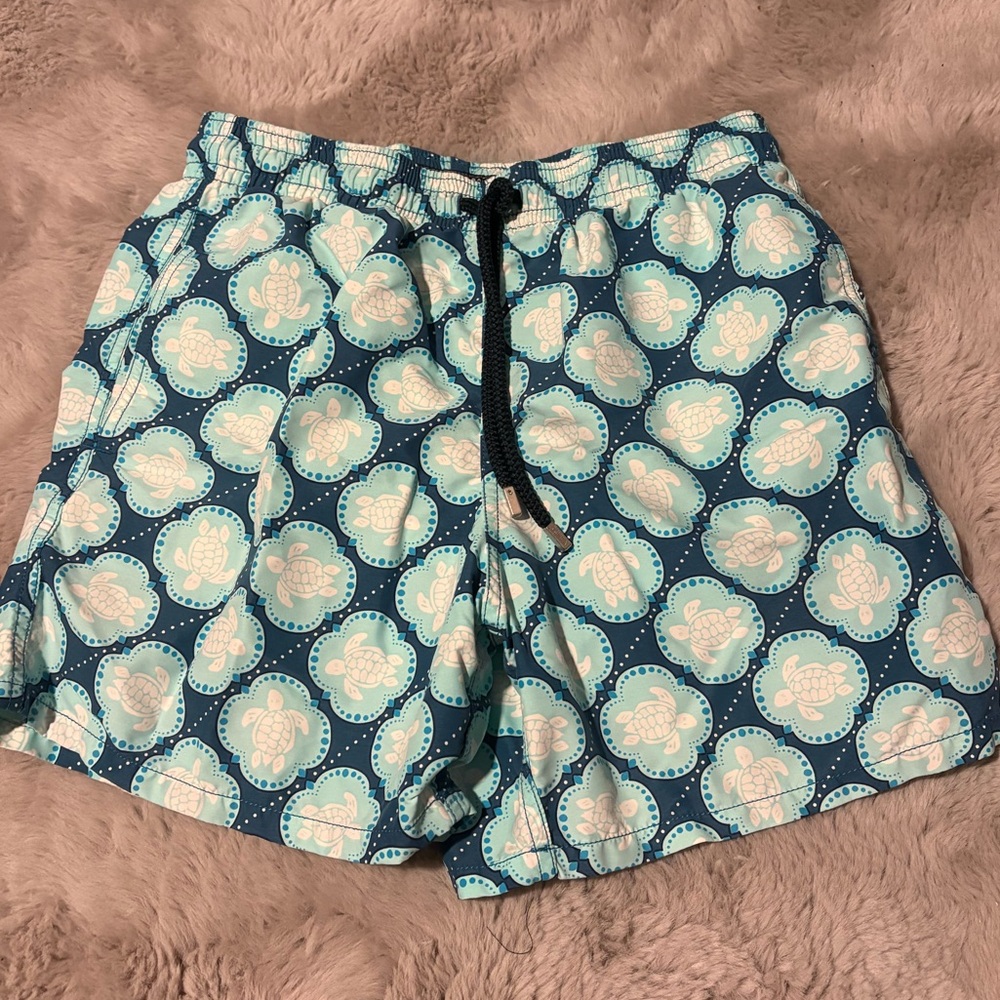 Vilebrequin Teal and White Turtle-Pattern Swim Trunks